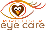 A heart-shaped pupil within an outline of a human eye. Port Chester Eye Care logo located at 44 North Main Street, Port Chester, NY. Office phone number: 914-481-1577.
